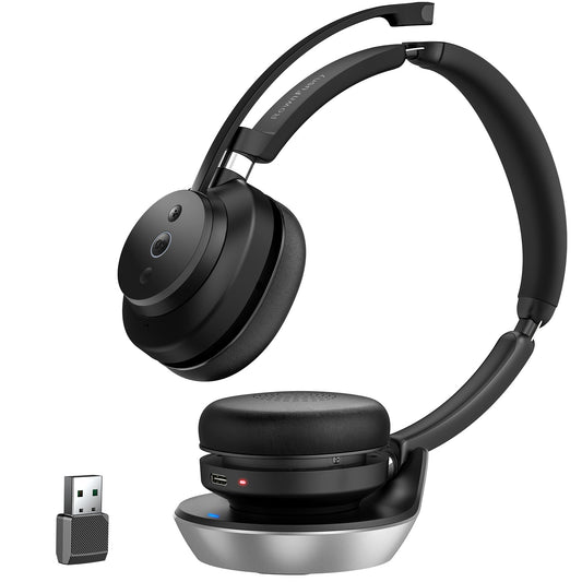 Wireless Stereo Headset with Noise Canceling Microphone, with USB Dongle and Bluetooth 5.3, Wireless Charging Base