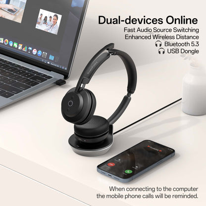 Wireless Stereo Headset with Noise Canceling Microphone, with USB Dongle and Bluetooth 5.3, Wireless Charging Base