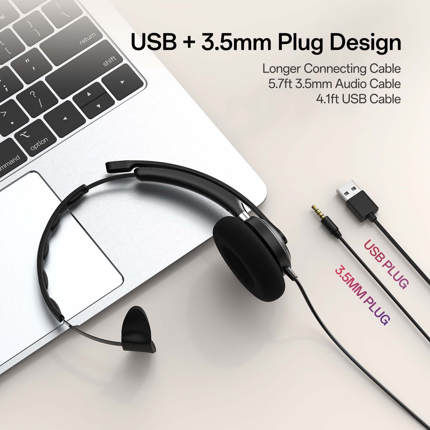 Wired Headset with Noise Canceling Microphone, with USB Plug and 3.5mm Audio Plug