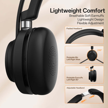 Wireless Stereo Headset with Noise Canceling Microphone, with USB Dongle and Bluetooth 5.3, Wireless Charging Base