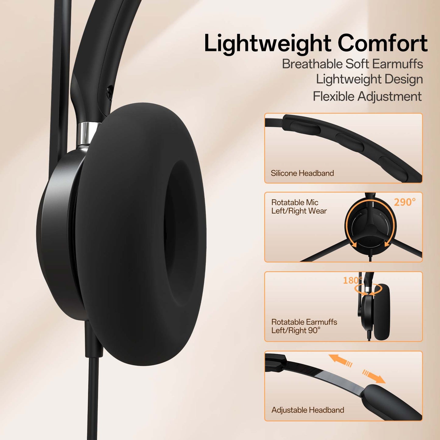 Wired Headset with Noise Canceling Microphone, with USB Plug and 3.5mm Audio Plug