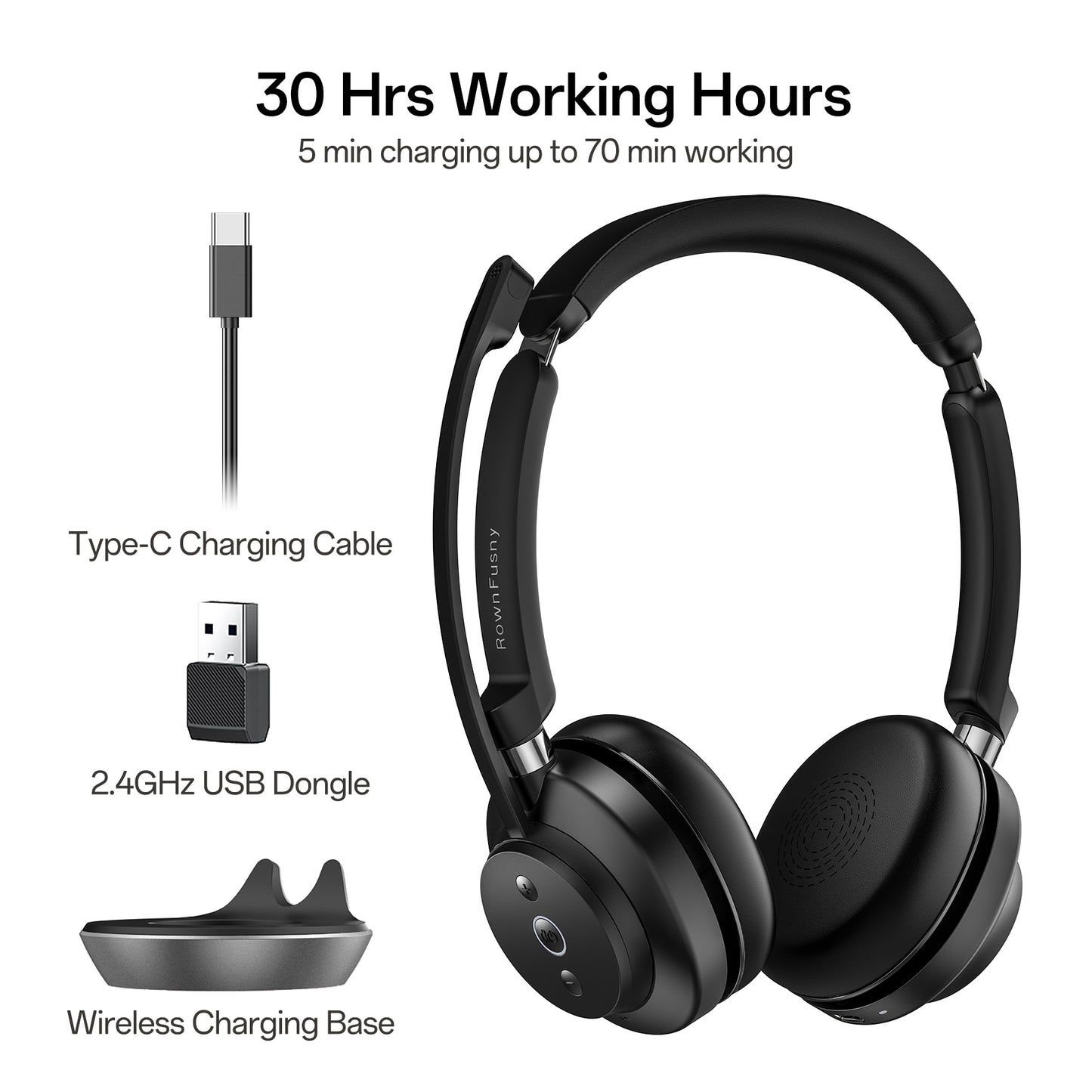 Wireless Stereo Headset with Noise Canceling Microphone, with USB Dongle and Bluetooth 5.3, Wireless Charging Base