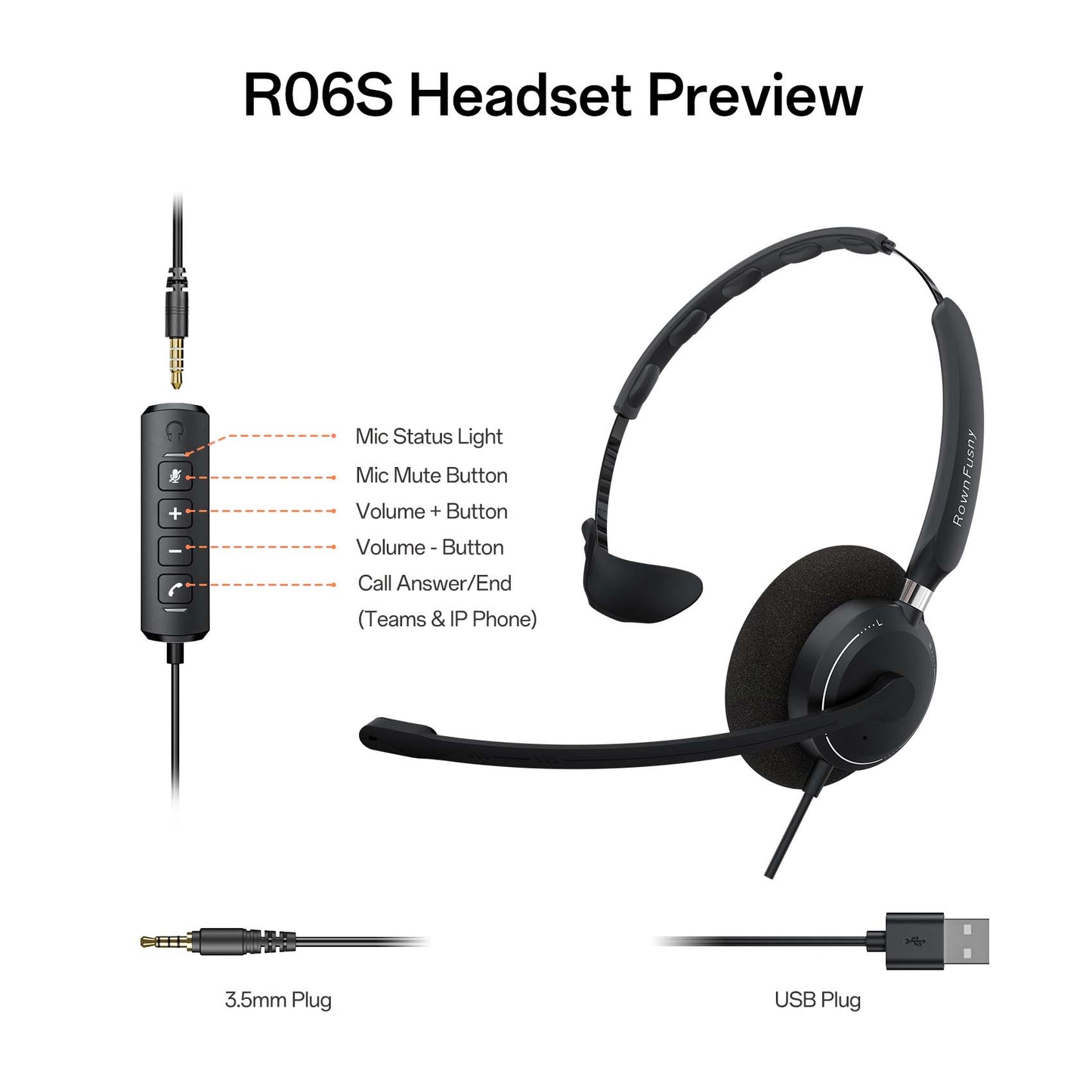 Wired Headset with Noise Canceling Microphone, with USB Plug and 3.5mm Audio Plug