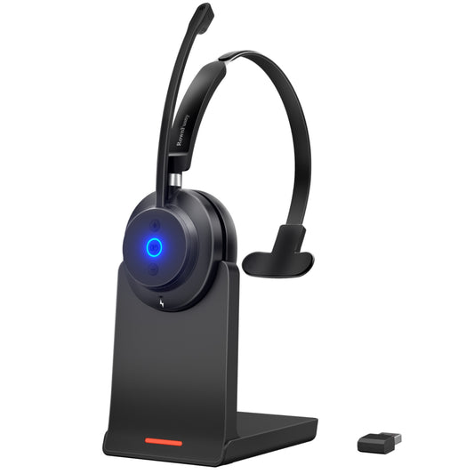 Wireless Mono Headset with Noise Canceling Microphone, with USB Dongle & Bluetooth 5.3, Charging Base